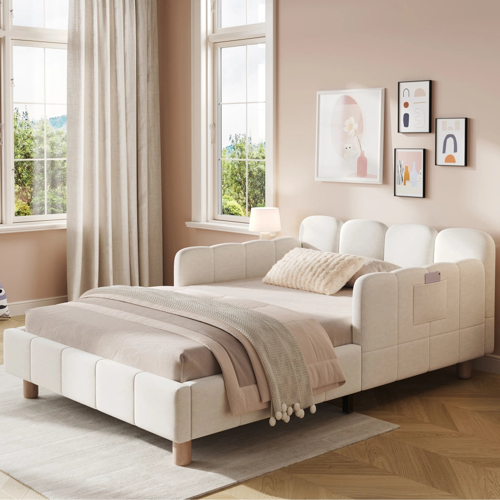Letto singolo imbottito per bambini 90 x 200 cm in velluto beige con testiera ergonomica, sponde laterali e gambe in legno