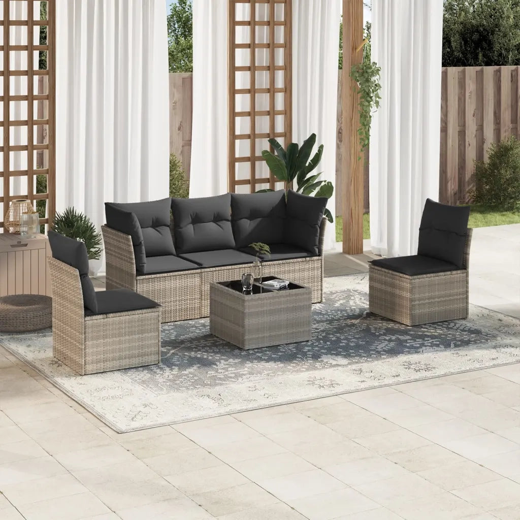 Set Divano da Giardino 6pz | Set Salotto da Giardino con Cuscini Grigio Chiaro Polyrattan
