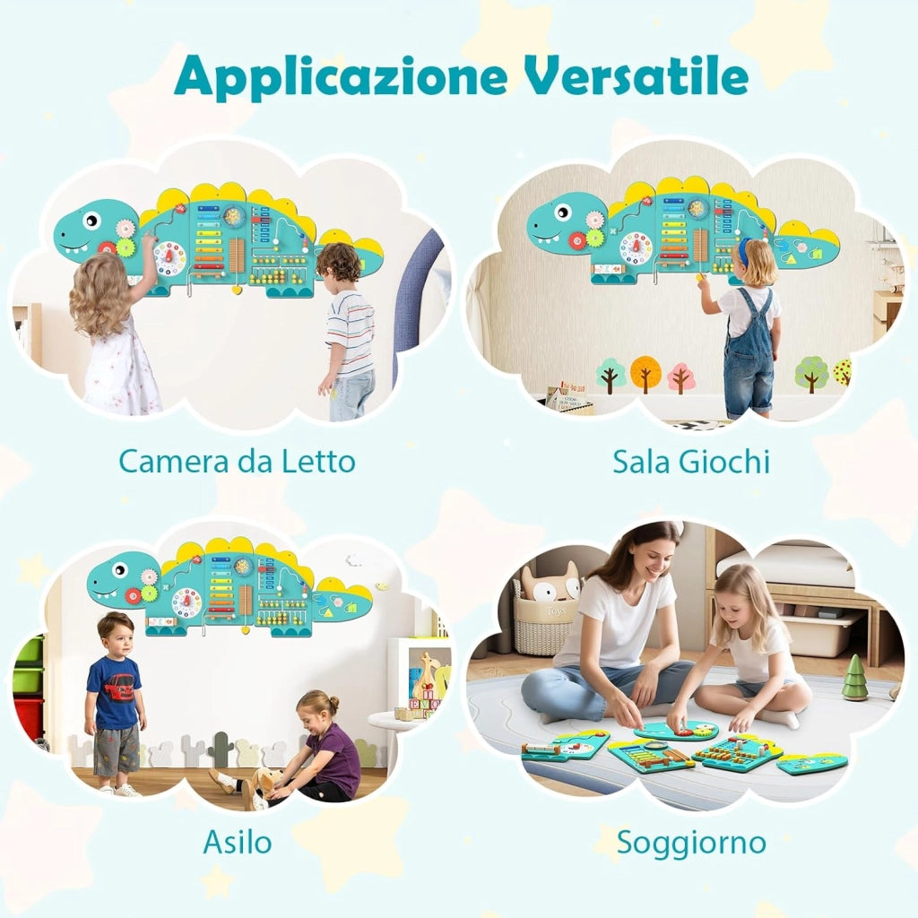Pannelli da Parete con attività, Busy Board 11 in 1 Montessori in Legno per Sviluppo Sensoriale, Centro di attività Educativo Montato a Parete per Stanza Giochi, Asilo Nido (Dinosauro Verde)