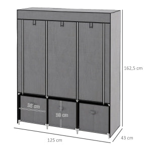 Armadio pieghevole in tessuto con 2 aste appendiabiti, ripiani aperti e 3 cassetti, grigio scuro, 125 x 43 x 162,5 cm