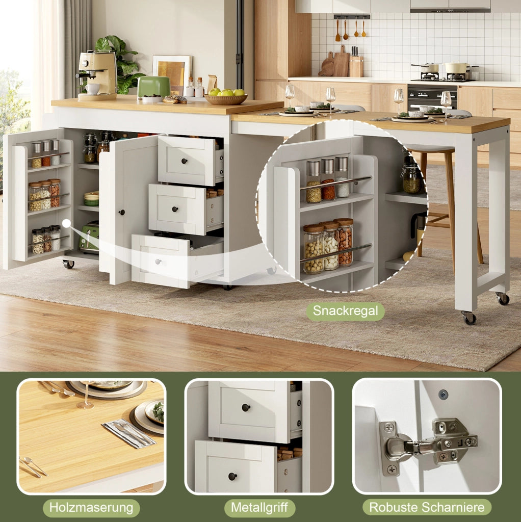 Isola cucina mobile estensibile con 3 cassetti, bianca