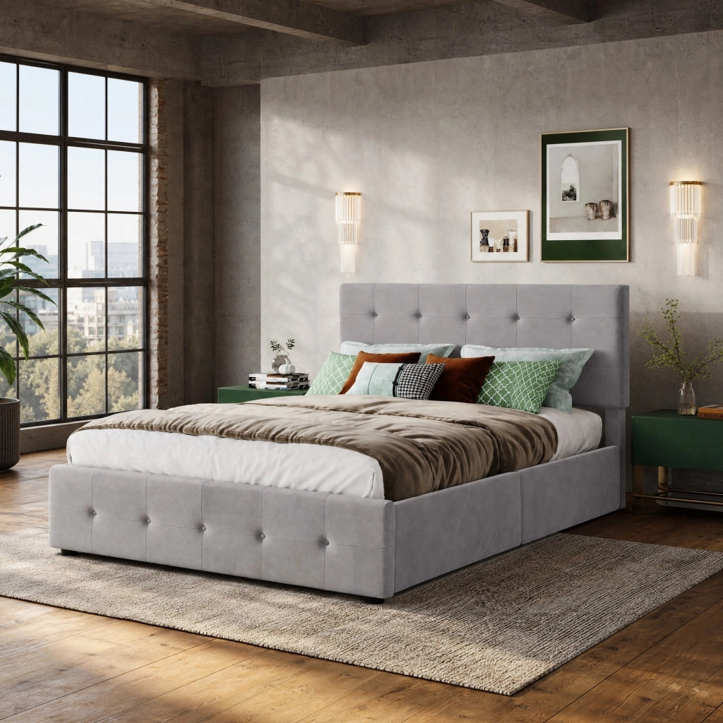Letto matrimoniale imbottito con 4 cassetti e rete a doghe; in tessuto grigio