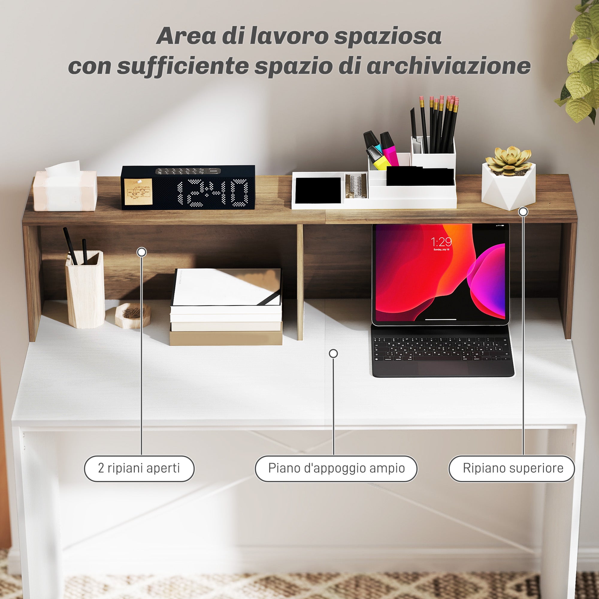 Scrivania PC Moderna 110x50x102,6 cm con Piano Rialzato Bianco e Noce