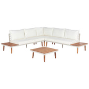 Set da giardino con divano angolare a 5 posti tavolino in legno d'acacia e cuscini bianco sporco esterno stile moderno