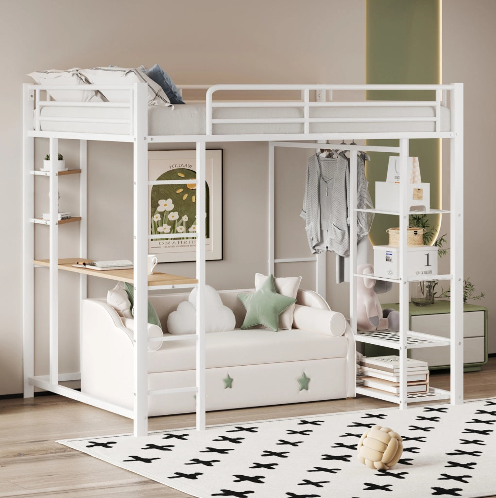 Letto a soppalco singolo 90x200 cm in metallo e MDF con scrivania; ripiani e guardaroba; bianco