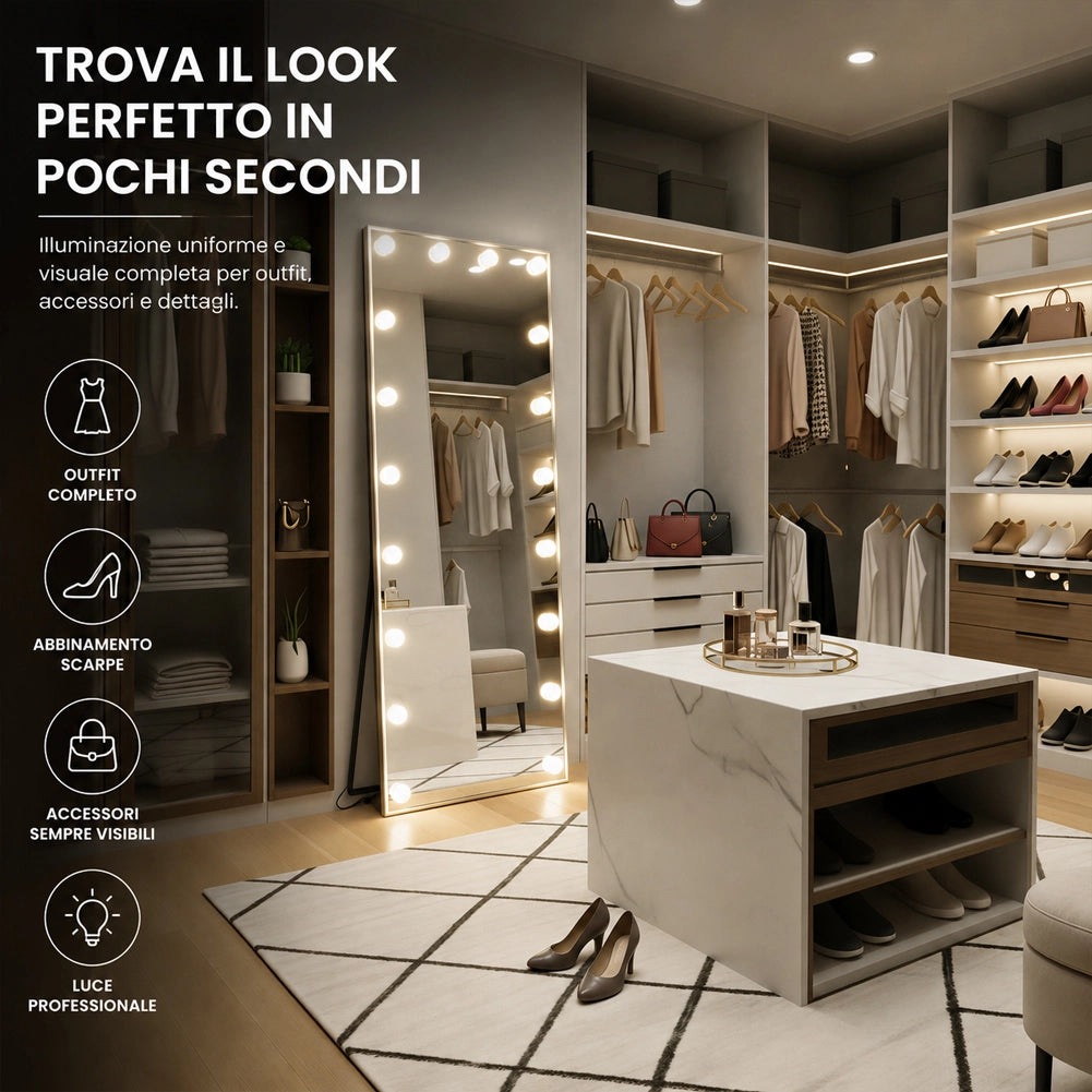 Specchio XXL Hollywood Figura Intera Indipendente con Led 3 Colori 60x160 cm