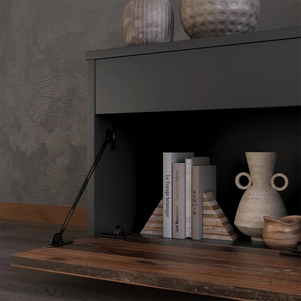 Parete attrezzata soggiorno Berno, Nero/antico, 2 parti, per la conservazione di accessori multimediali e l'esposizione di decorazioni