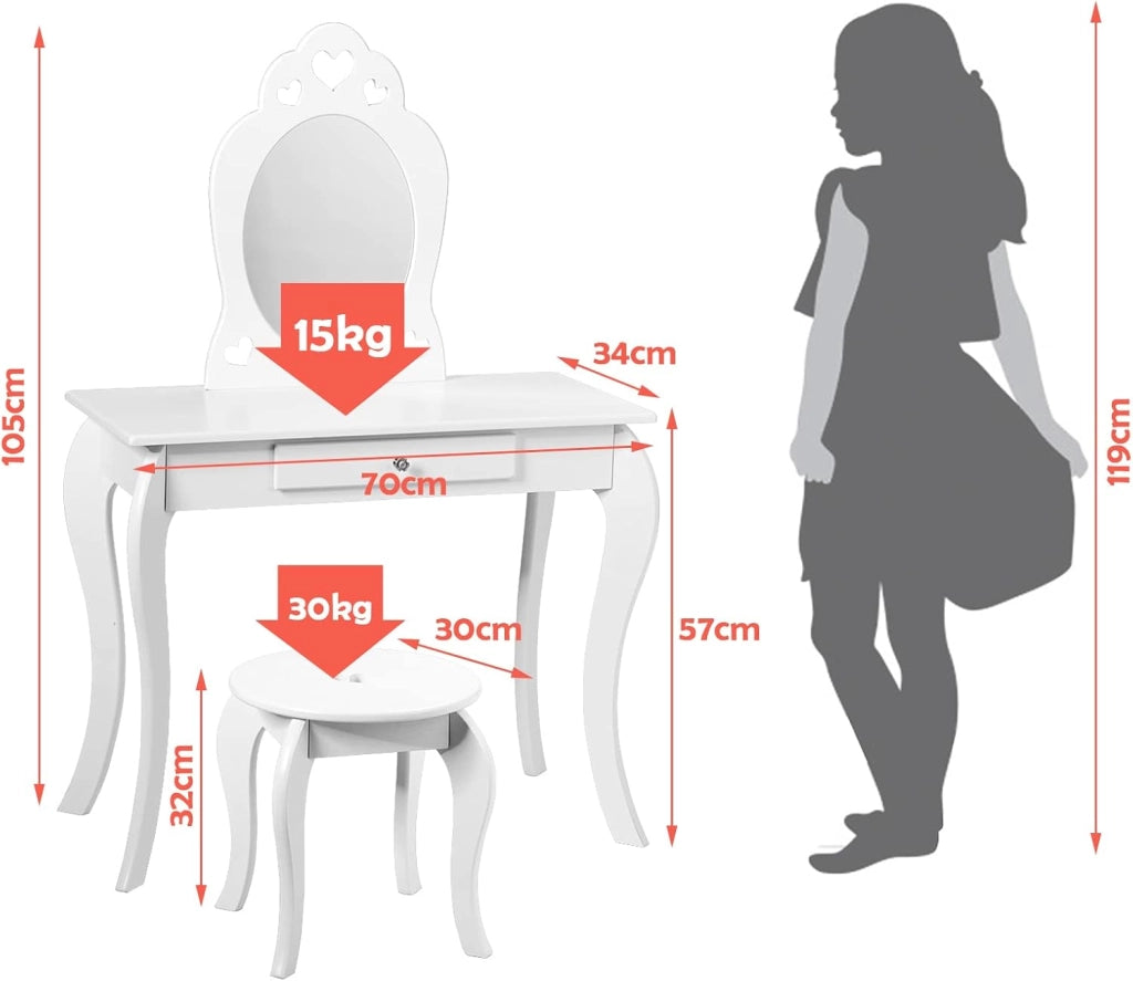 Specchiera Toeletta per Bambini, Set di Tavolo e Sgabello Giocattolo da Trucco in Legno con Cassetto e Specchio Rimovibile, Moderno e Multiuso, 70x34x105cm Bianca