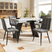 Set da pranzo allungabile 99-159x74x77 cm con 4 sedie; MDF; metallo e velluto; bianco e nero