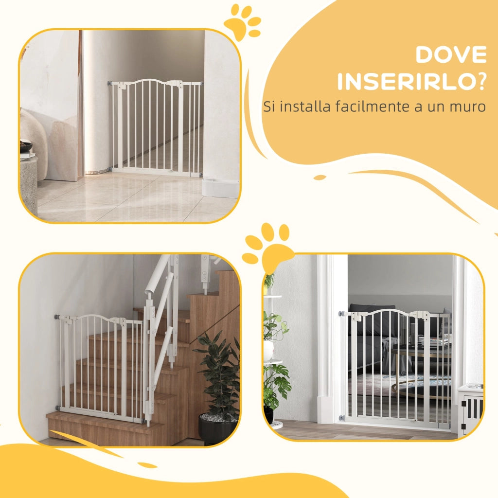 Cancelletto per Cani Estensibile 74-87x78 cm con 2 Blocchi e Chiusura Automatica in Metallo e Plastica Bianco