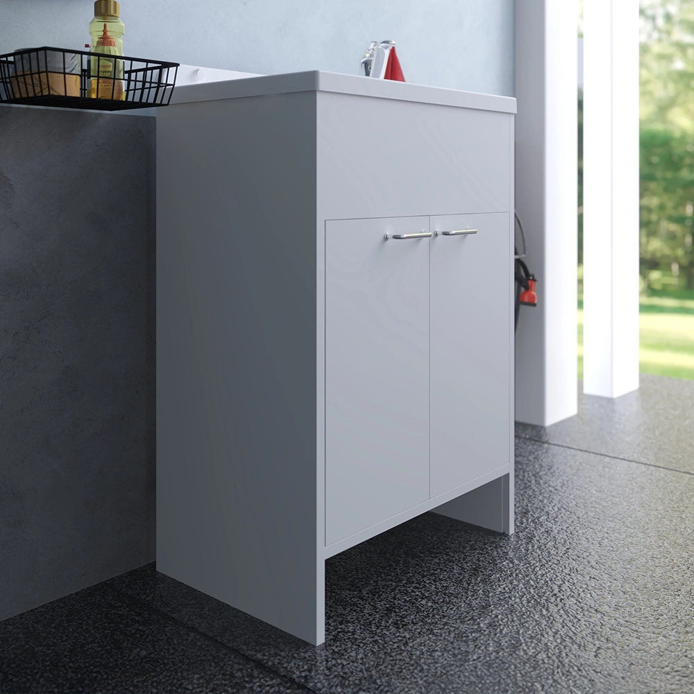 Mobile lavatoio salvaspazio in PVC bianco 58cm con vasca e piletta in acciaio inox