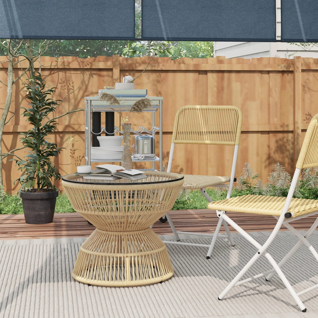 Tavolino Laterale Stile Boho 60 X 60 X 50 Cm Metallo Vetro Rattan PE Legno Naturale Per Esterni