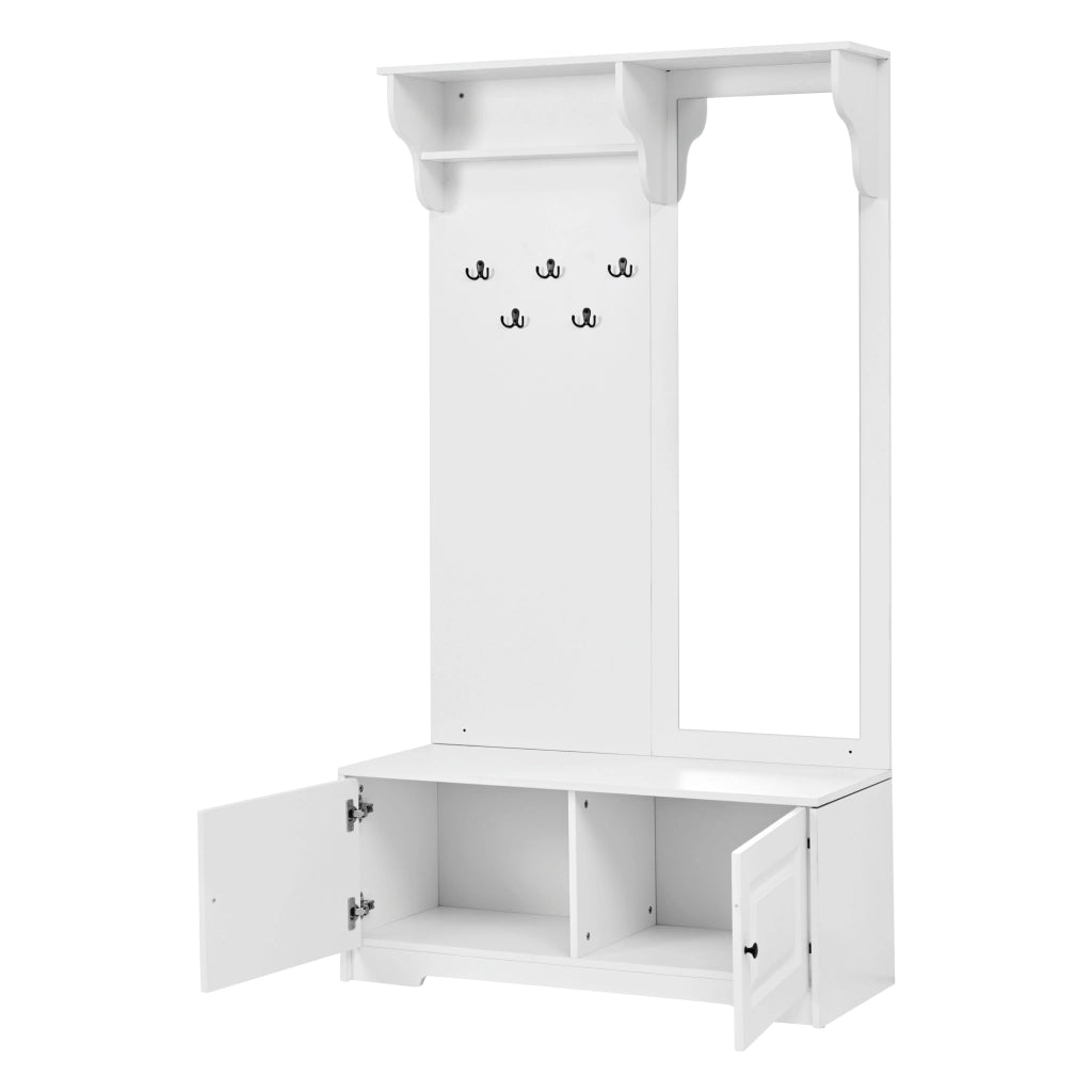 Mobile ingresso con specchio, 5 ganci e 2 vani chiusi, per ingresso, in MDF bianco, 100 × 40 × 180 cm