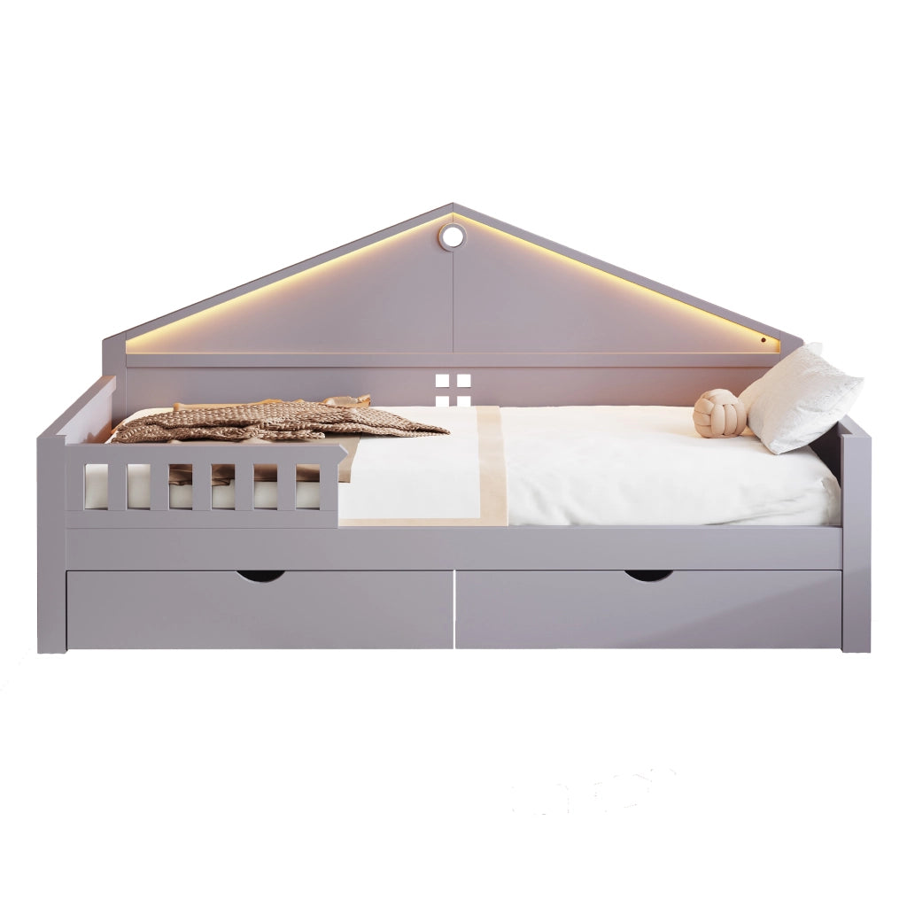 Letto singolo 90 ¡Á 200 cm con due cassetti luce led controllabile da smartphone in legno e mdf grigio