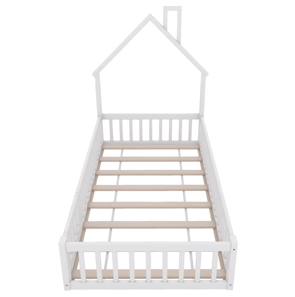 Letto a casetta 90x200 cm con design camino; legno e MDF; bianco (Senza materasso)