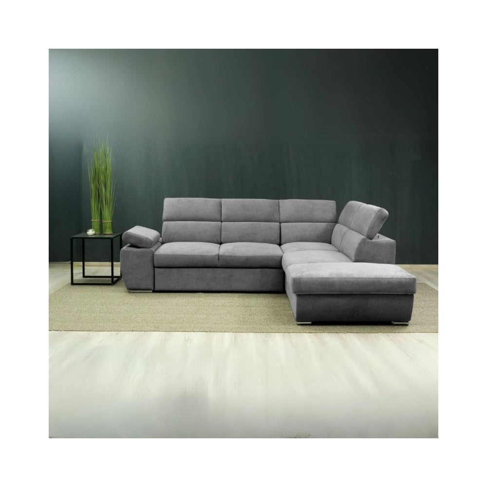 Divano Letto Angolare destro Arizona con pouf contenitore e poggiatesta regolabili colore grigio 264x224x78H