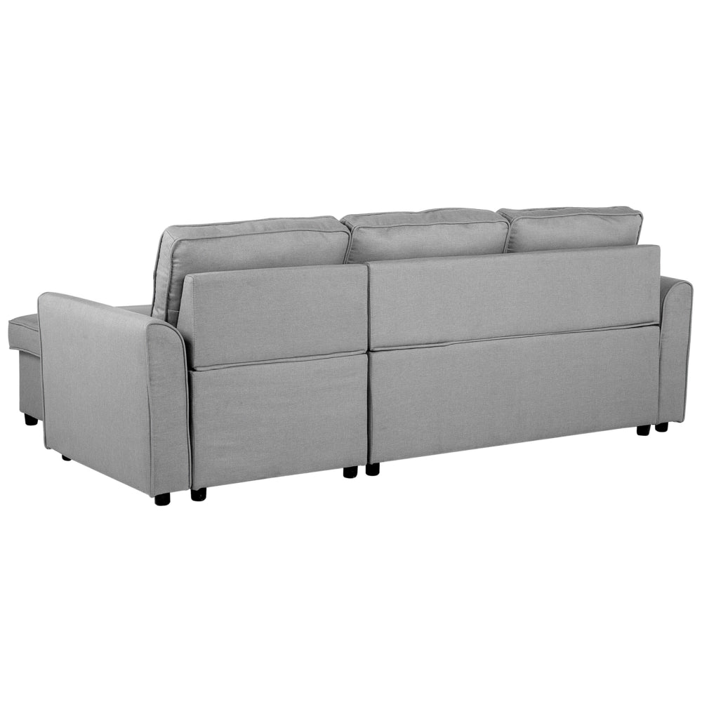 Divano letto ad angolo imbottito in tessuto grigio con orientamento a versione destra con letto contenitore