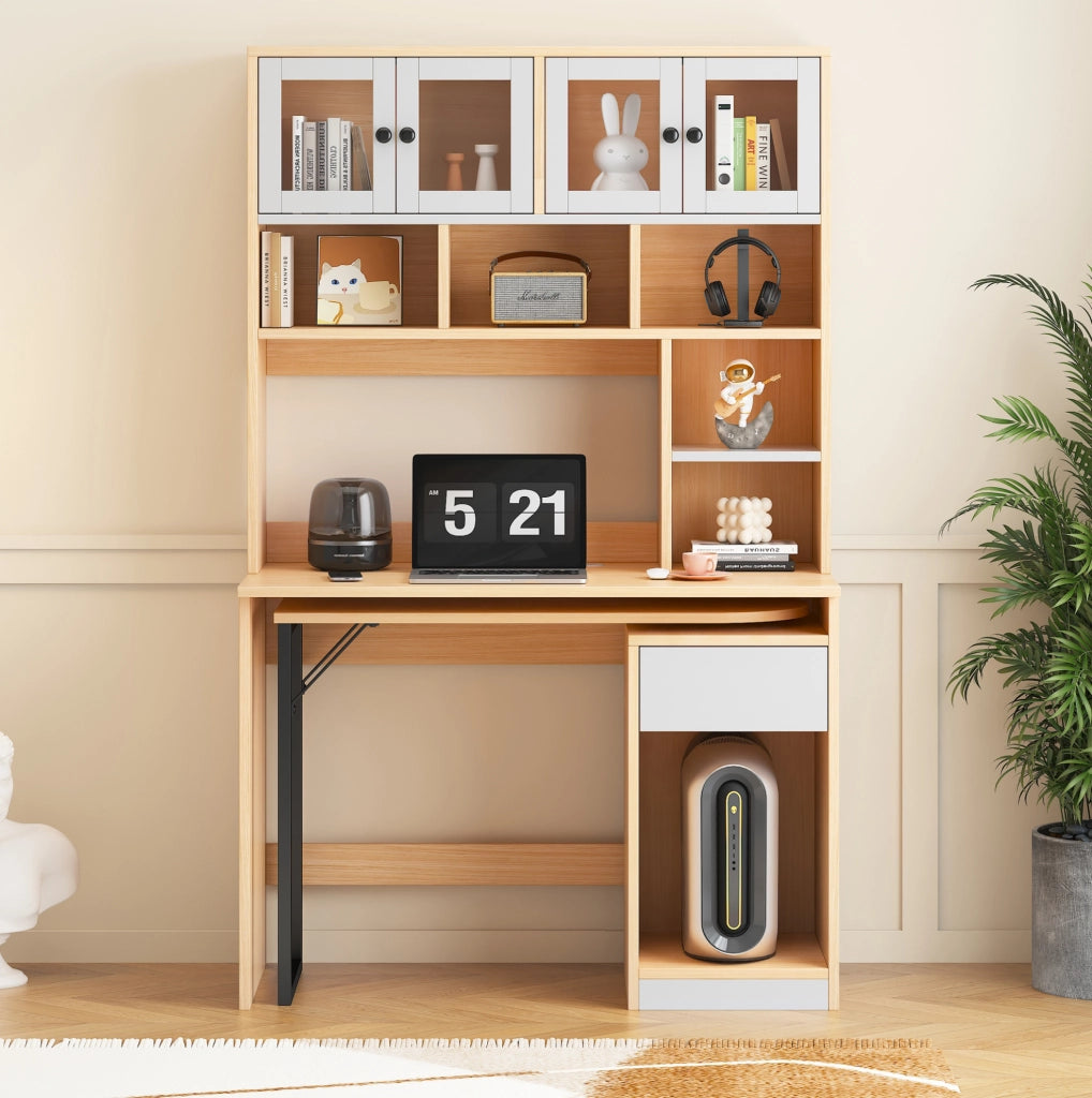 Scrivania con mobile contenitore e piano girevole; MDF; bianco e naturale
