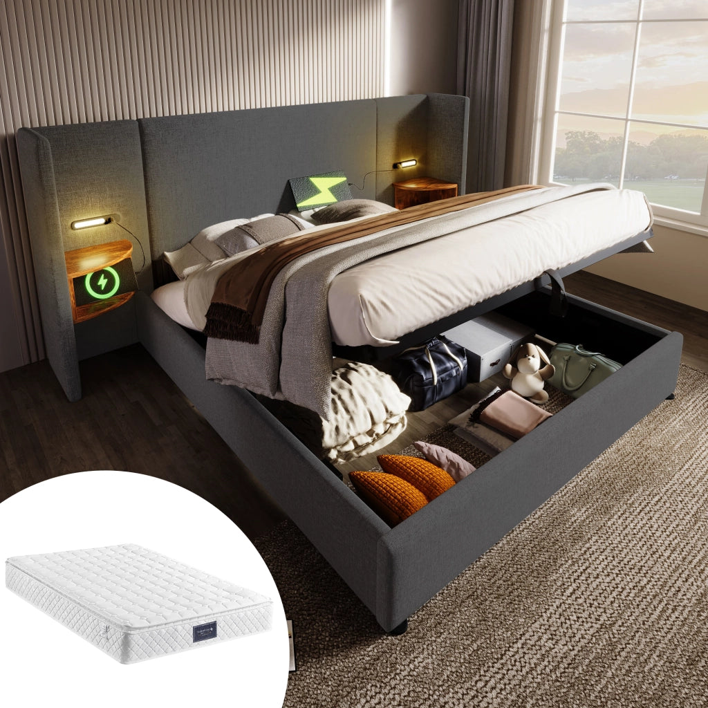 LETTO Contenitore 160x200 cm Grigio in lino con materasso incluso
