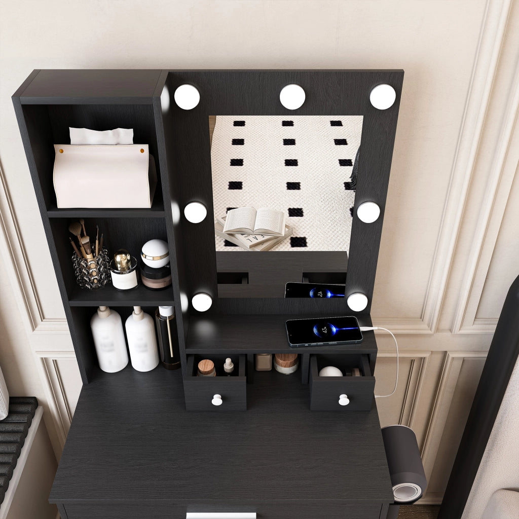 Tavolo da trucco con specchio LED regolabile, presa, porta-asciugacapelli e sgabello, nero