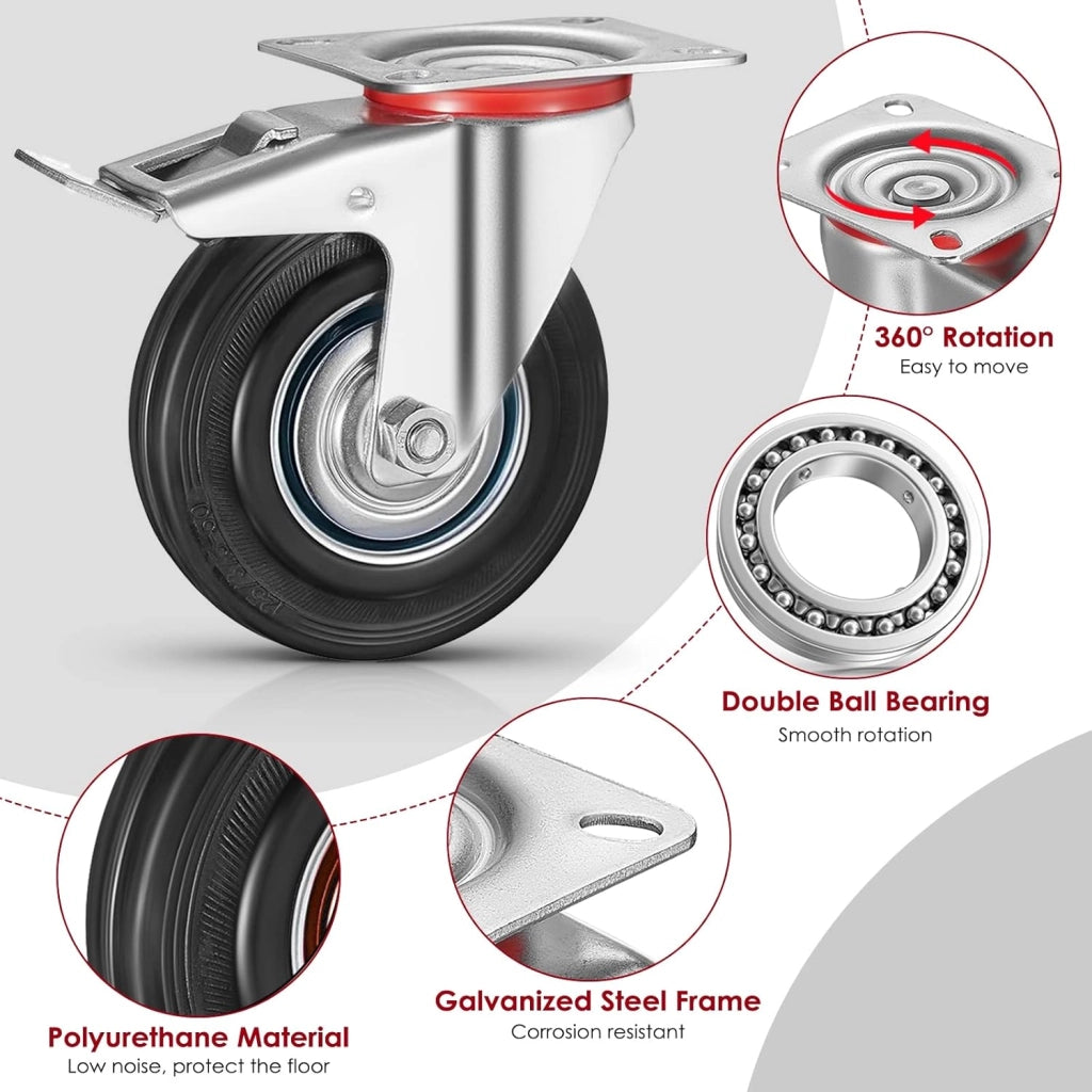 Set di 8 Ruote per Mobili Pesanti con 4 Freno, 200 mm Rotelle Girevoli, Capacità 1280 kg, Carrelli Ruotabili a 360°Nessuna Rumorosità, per Pallet, Trolley, Resistenti