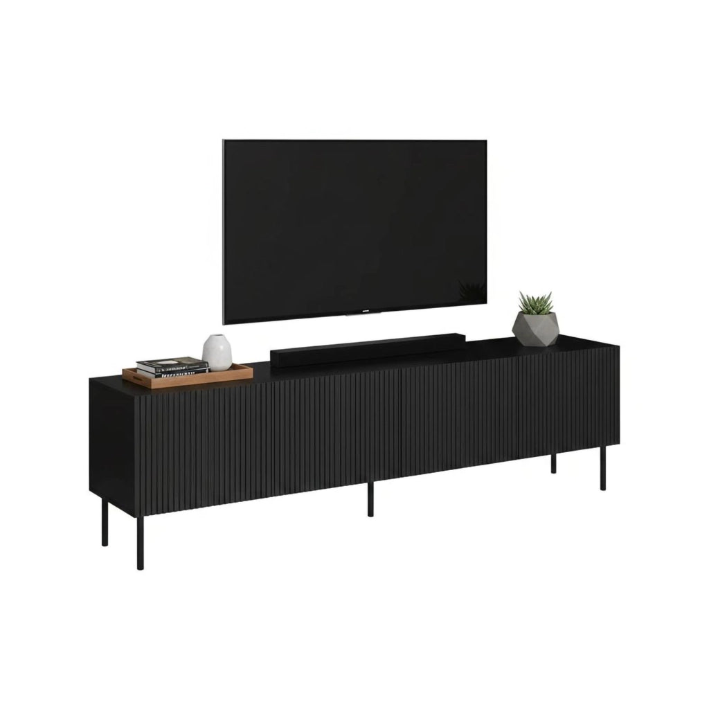 Mobile porta TV Priocca, Madia da salotto con quattro ante battenti, Rialzato da terra, 200x42 h52 cm, Nero