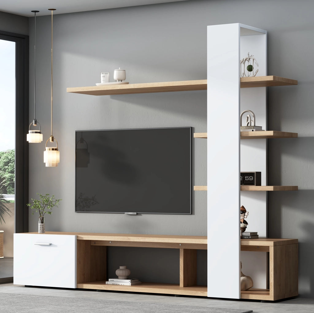 Mobile TV da parete 180x33.5x151.5 cm per TV fino a 60 pollici con ripiani e anta in truciolare bianco e naturale