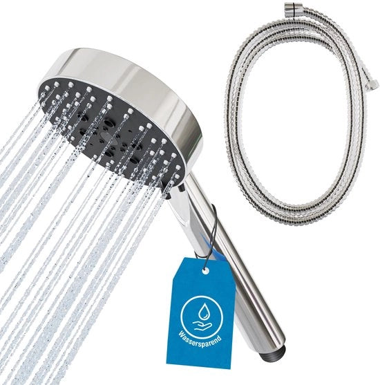 Douchekop multifunzione con 5 tipi di getto - Ø 105 mm con sistema di risparmio d'acqua (chiaro, Ø 105 mm comprensivo di tubo)