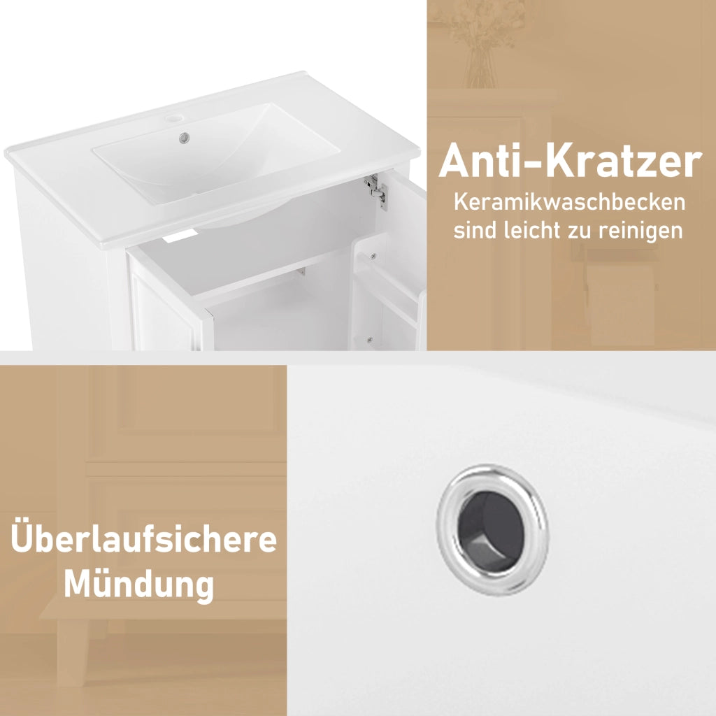 Mobile sottolavabo da bagno con lavabo in ceramica, 2 ante, 1 cassetto e ripiano regolabile, bianco, 76 × 46 × 87 cm