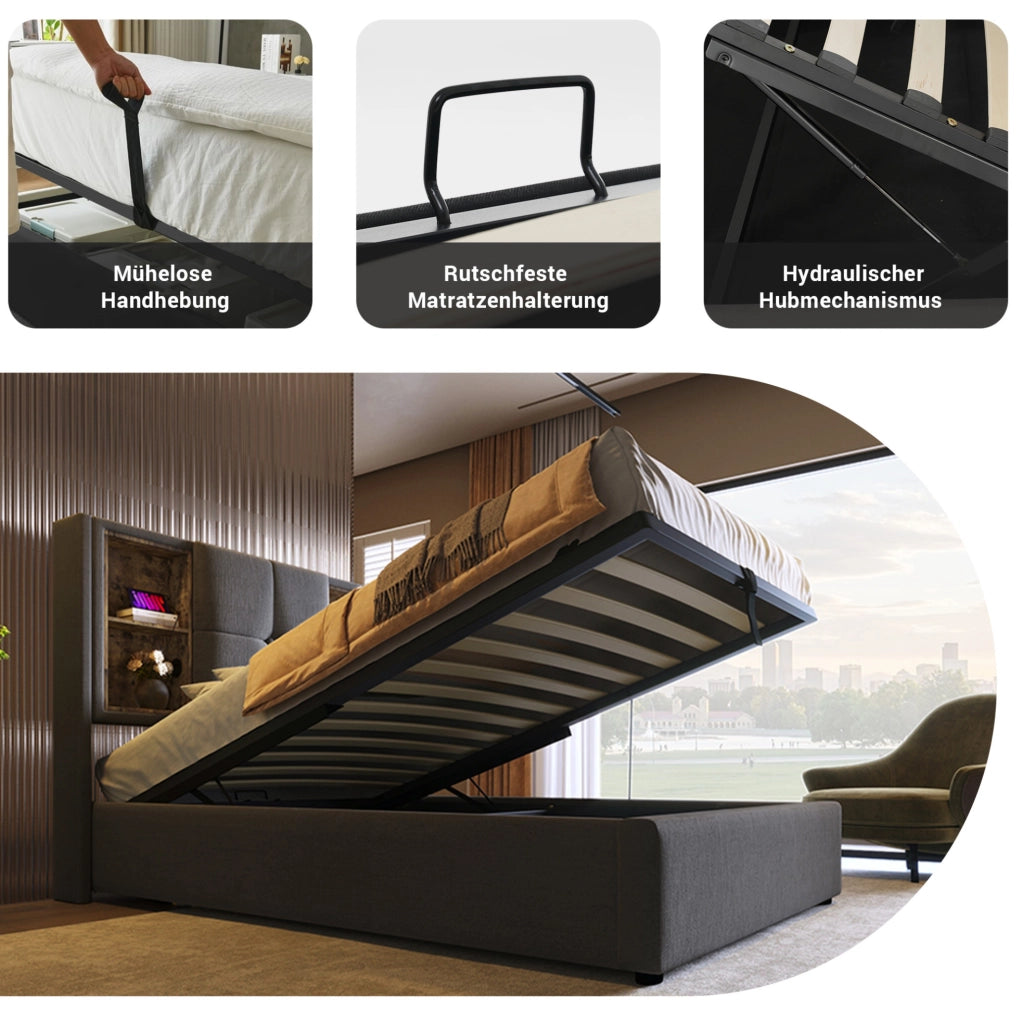 Letto imbottito 90x200 cm con ricarica wireless; USB e Type-C; contenitore; cotone grigio