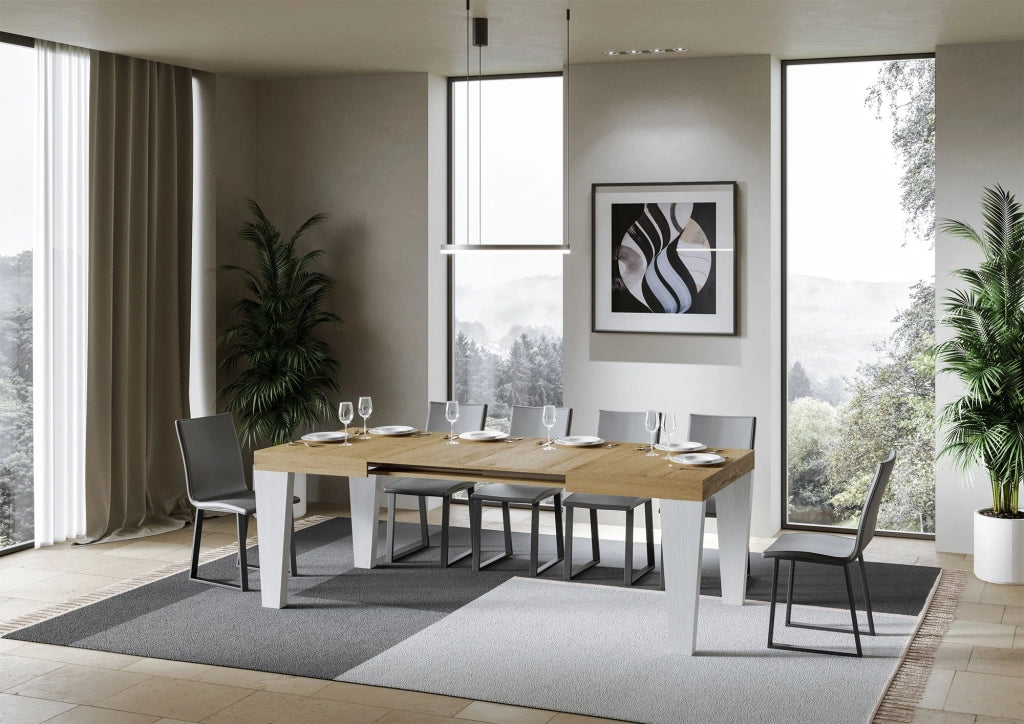 Tavolo Allungabile 130/390x90x77 cm Spimbo Mix  piano Quercia Natura gambe Bianco Frassino