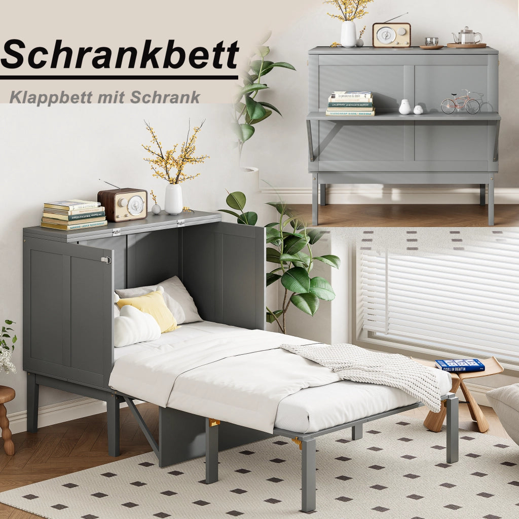 OKWISH Letto a scomparsa 90×200 cm, Letto Singolo con Spazio Contenitore e Mensola, senza Materasso, in Legno, Grigio