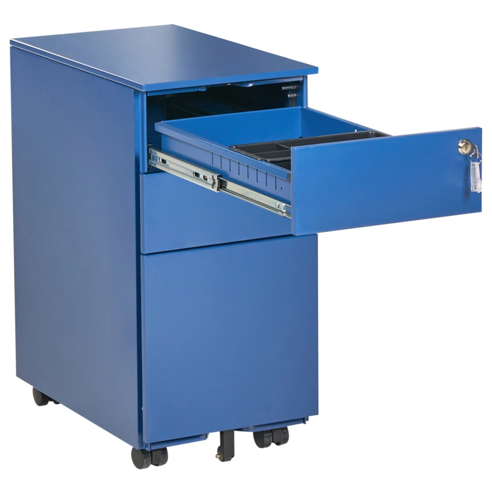 Mobiletto Portaoggetti in Metallo blu con 3 Cassetti con serratura a chiave e ruote industriali moderno Home Office Garage