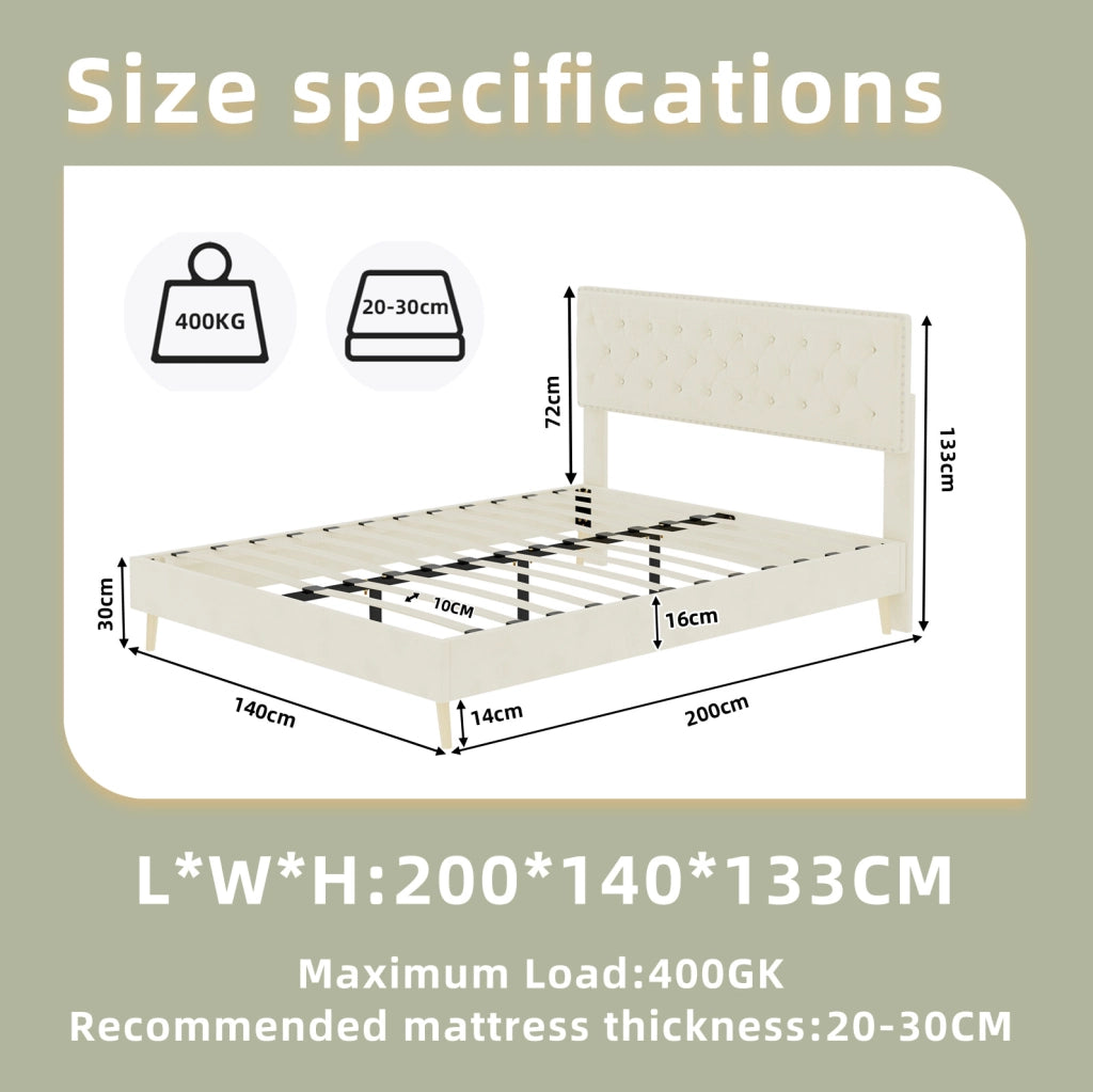 Letto 140x200 cm in velluto olandese beige con testiera alta e rete a doghe