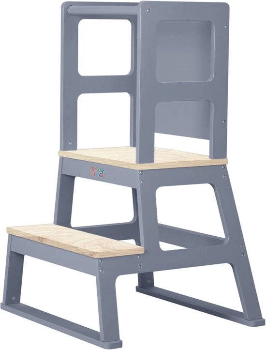 Tavolo di Apprendimento in Legno per Bambini - Aiuto di Cucina Montessori e Scale per Bambini - Sicurezza e Stabilità in Grigio