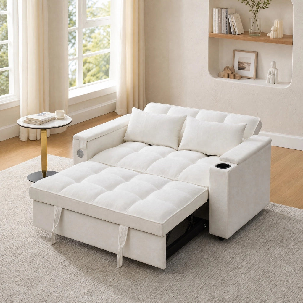 Divano letto pieghevole beige con USB, Type-C e tavolino