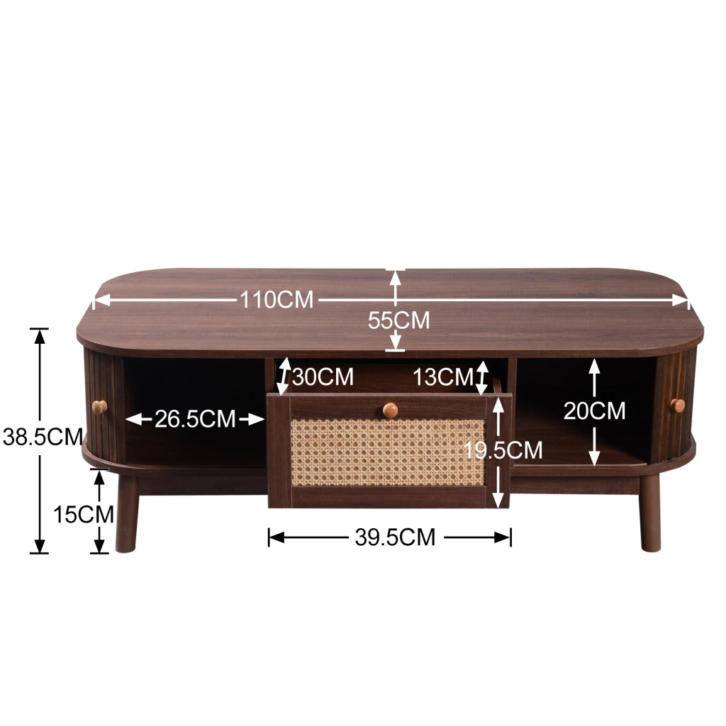 Tavolino da Caffè con 2 Cassetti e 2 Ante Scorrevoli; Rattan; Stile Country; in MDF; Naturale; 110×55×38;5 cm