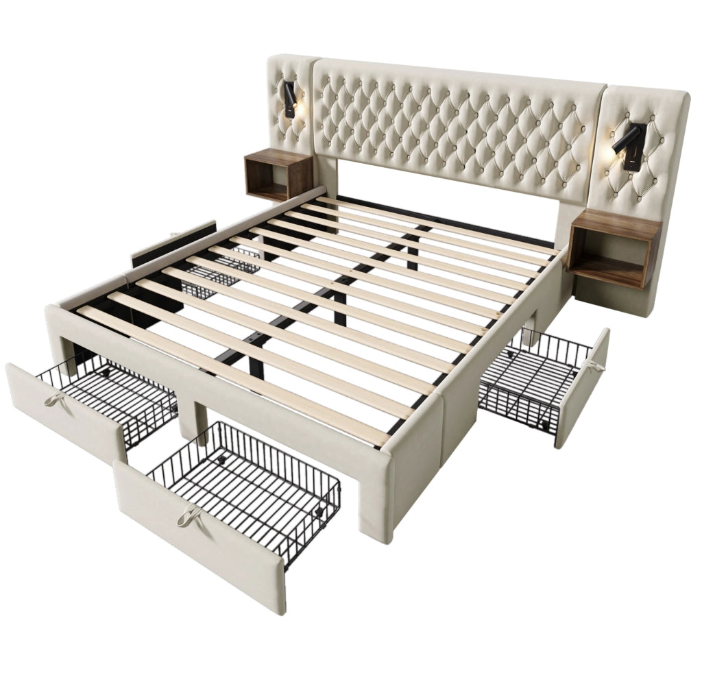 Letto matrimoniale 160x200 cm con 2 comodini; 4 cassetti; lampade da lettura e USB C; velluto beige