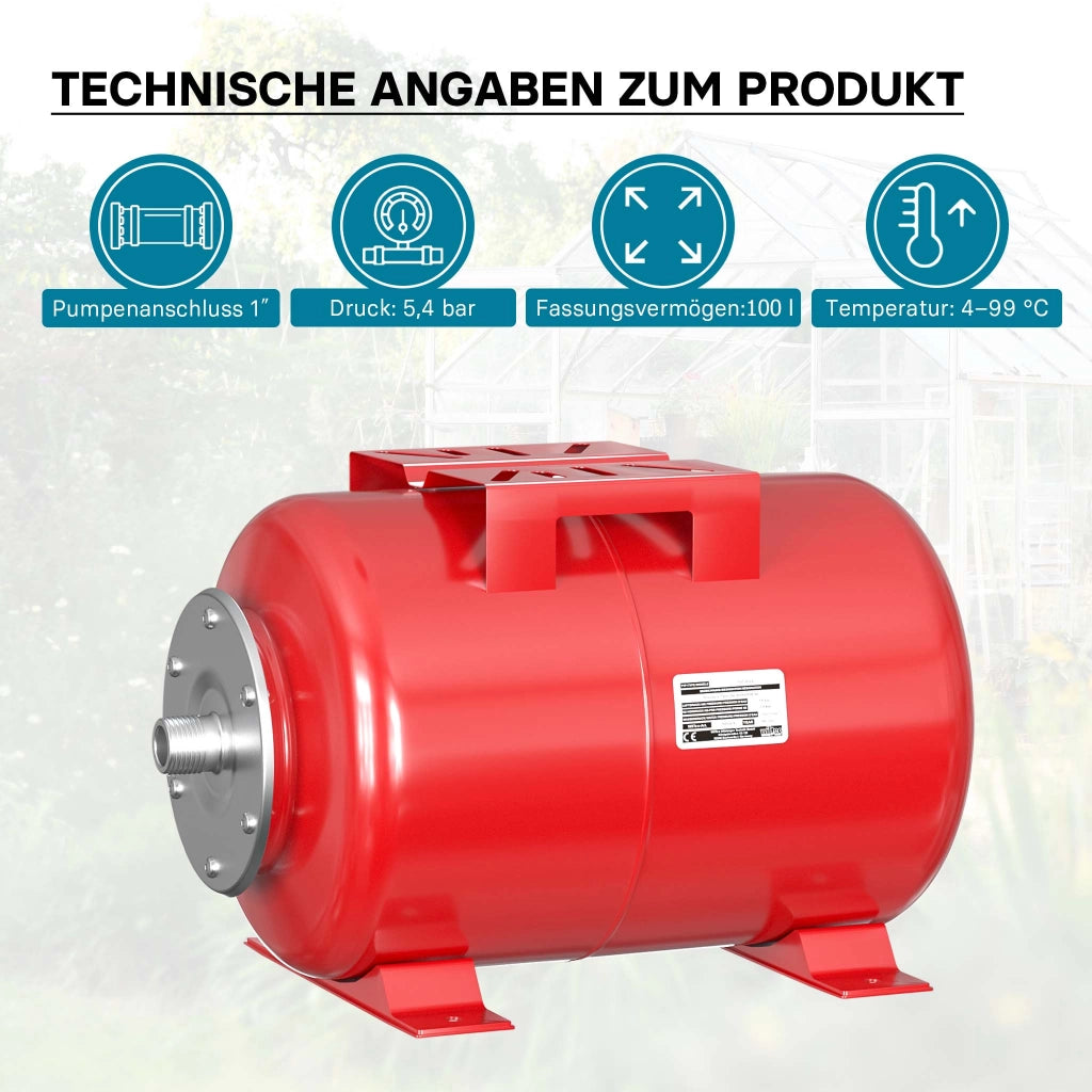 Vaso di espansione 100 l orizzontale per impianti idrici, sistemi autoclave, con membrana EPDM