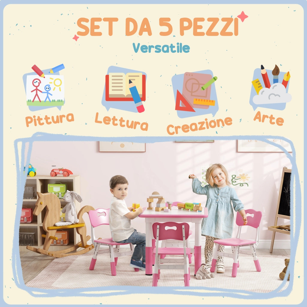 Set Tavolo e Sedie per Bambini 5pz con 4 Sedie Regolabili 32x36x52.5-56 cm e Tavolo 60x60x46-58 cm, Rosa