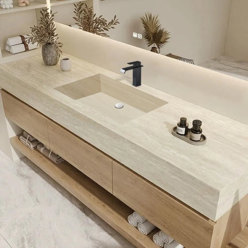 Set mobile bagno sospeso effetto travertino con lavabo in pietra sinterizzata e specchio foro per rubinetto 120×55 cm