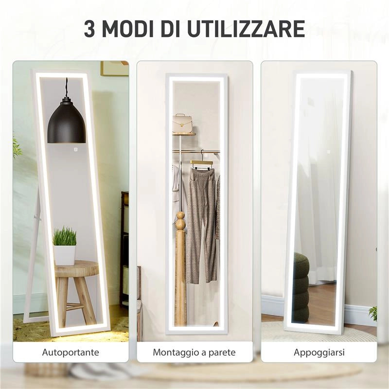 SPECCHIO ILLUMINATO CON LUCI LED REGOLABILI E PULSANTE TOUCH, IN VETRO E MDF, 40X5X160 CM, BIANCO