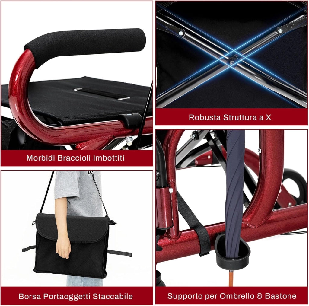 Deambulatore 2 in 1 per Anziani in Alluminio, Rollator Pieghevole e Regolabile in Altezza con Sedia, Schienale Reversibile, Manici Regolabili, Ruote, Poggiapiedi e Borsa Rimovibile (Rosso)