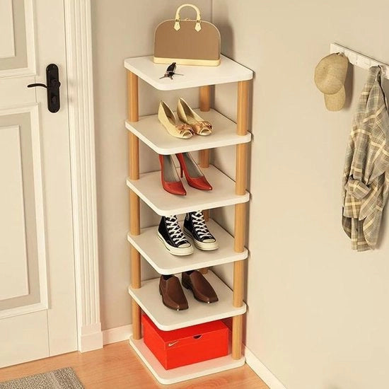 Tavolo per scarpe in legno di acacia con 6 livelli e 5 cassetti