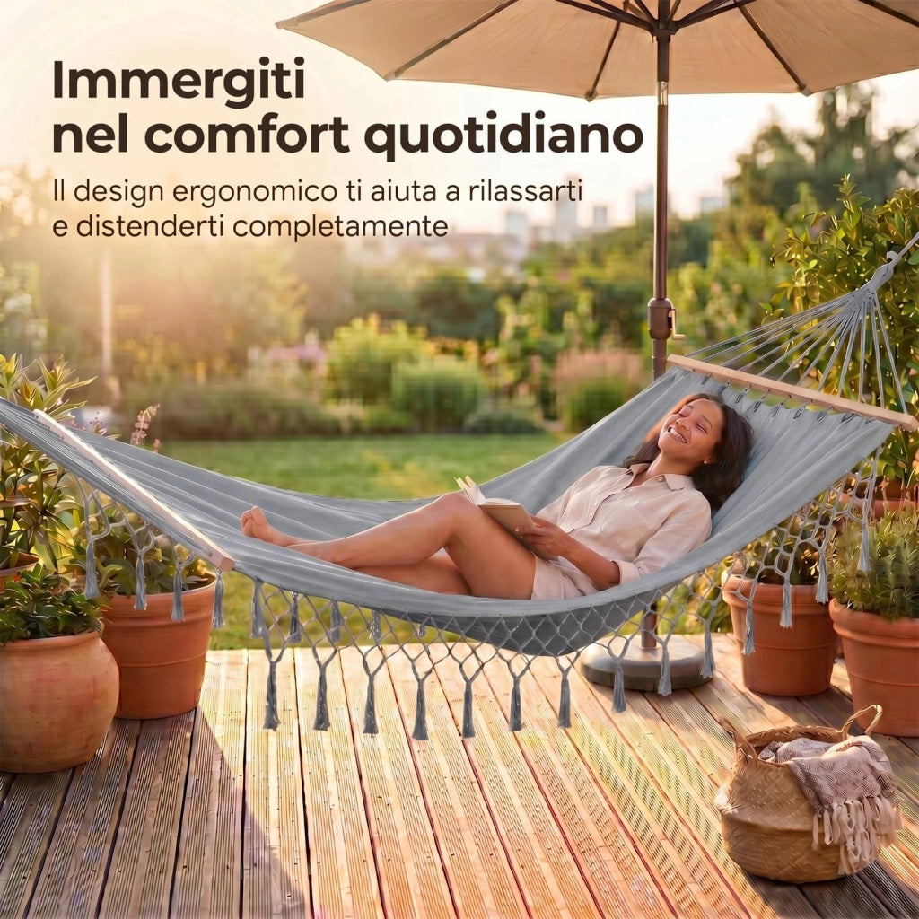 Marvin Amaca da Giardino Indonesia, Letto Dondolo da Esterno Campeggio, Barre di Legno, in Cotone Tessuto GRIGIO 200x100