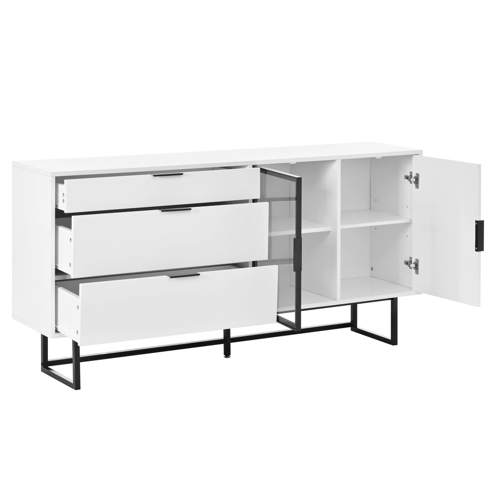 Sideboard moderno bianco 160x36x78 cm con LED; vetrina e tre cassetti