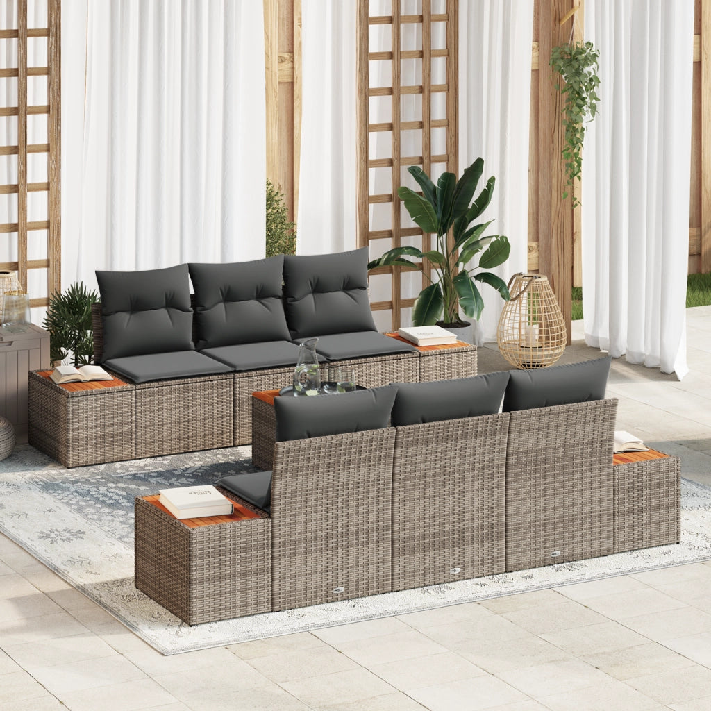 Set Divano Giardino 7 Pezzi Cuscini Grigio Polyrattan Acacia