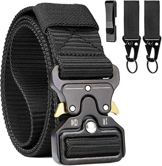 Cinturone Tattico Militare - Cinturone di Sicurezza per Uomo con Appoggio Chiave - Chiusura Metallica - Attività Outdoor Sport Camping Caccia Nero