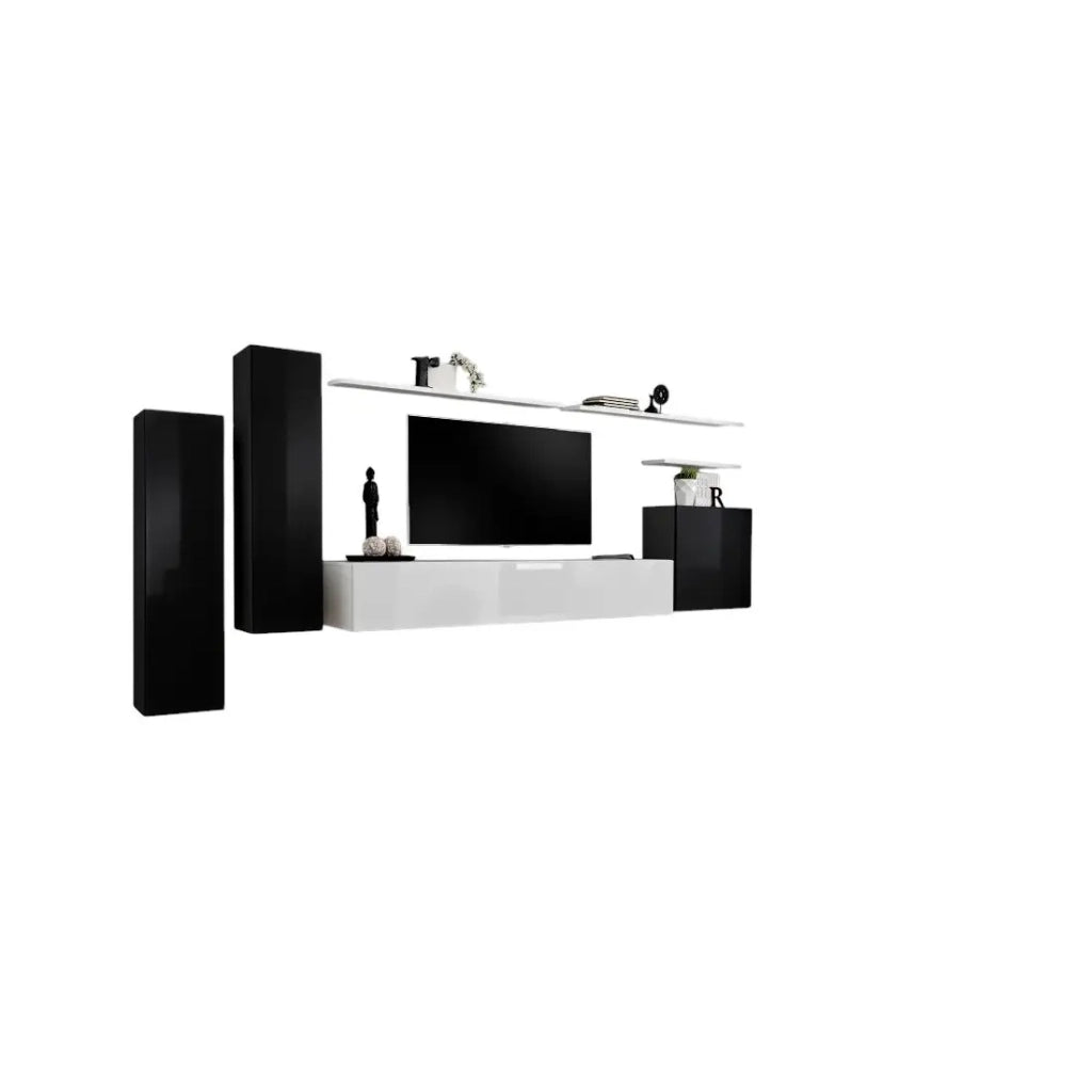 Set di mobili da soggiorno SWITCH I – Design moderno – Nero e bianco lucido – Mobile TV e contenitori sospesi