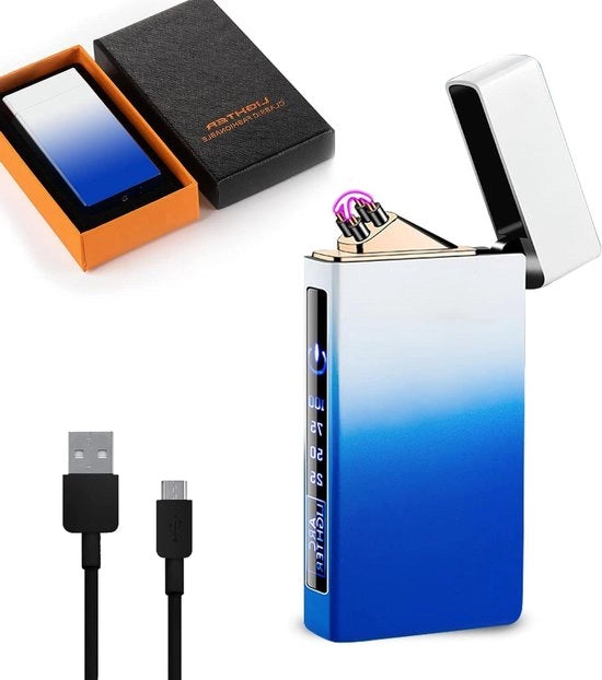 Aansteker Plasma Portatile Ricaricabile - Doppia Bozza Aansteker USB per Uomo e Donna - Imballo Regalo Blu-Bianco